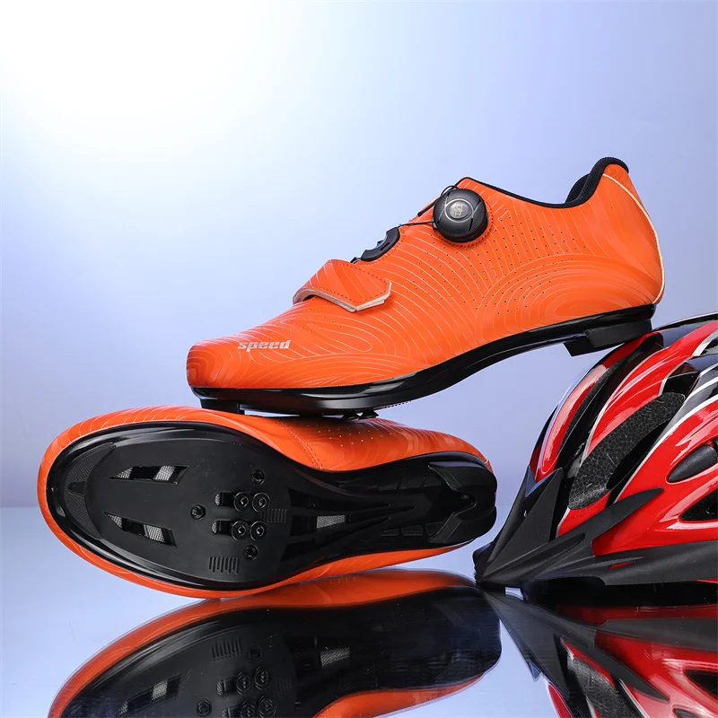 Wave Pattern Road Bike Cycling Shoes, Single Rotating Buckle & Magic Tape Design, Breathable Punch Upper Hard Lock Sole Bicycle