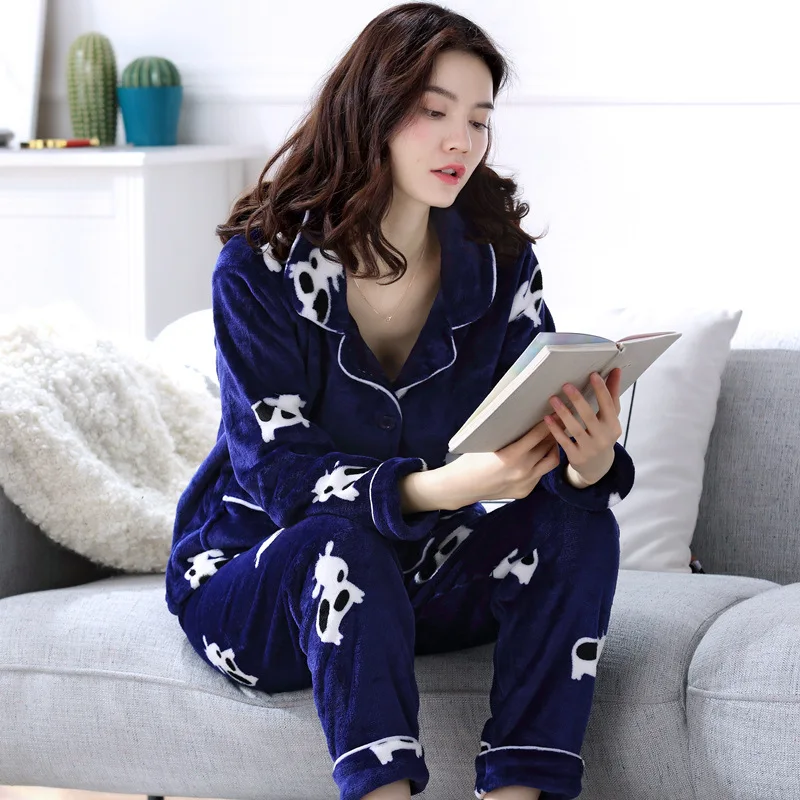 Ladies Coral Velvet Pajamas for Autumn Winter Thickened Warm Flannel Sleepwear for Women Outwear Cute Home Clothes Sets