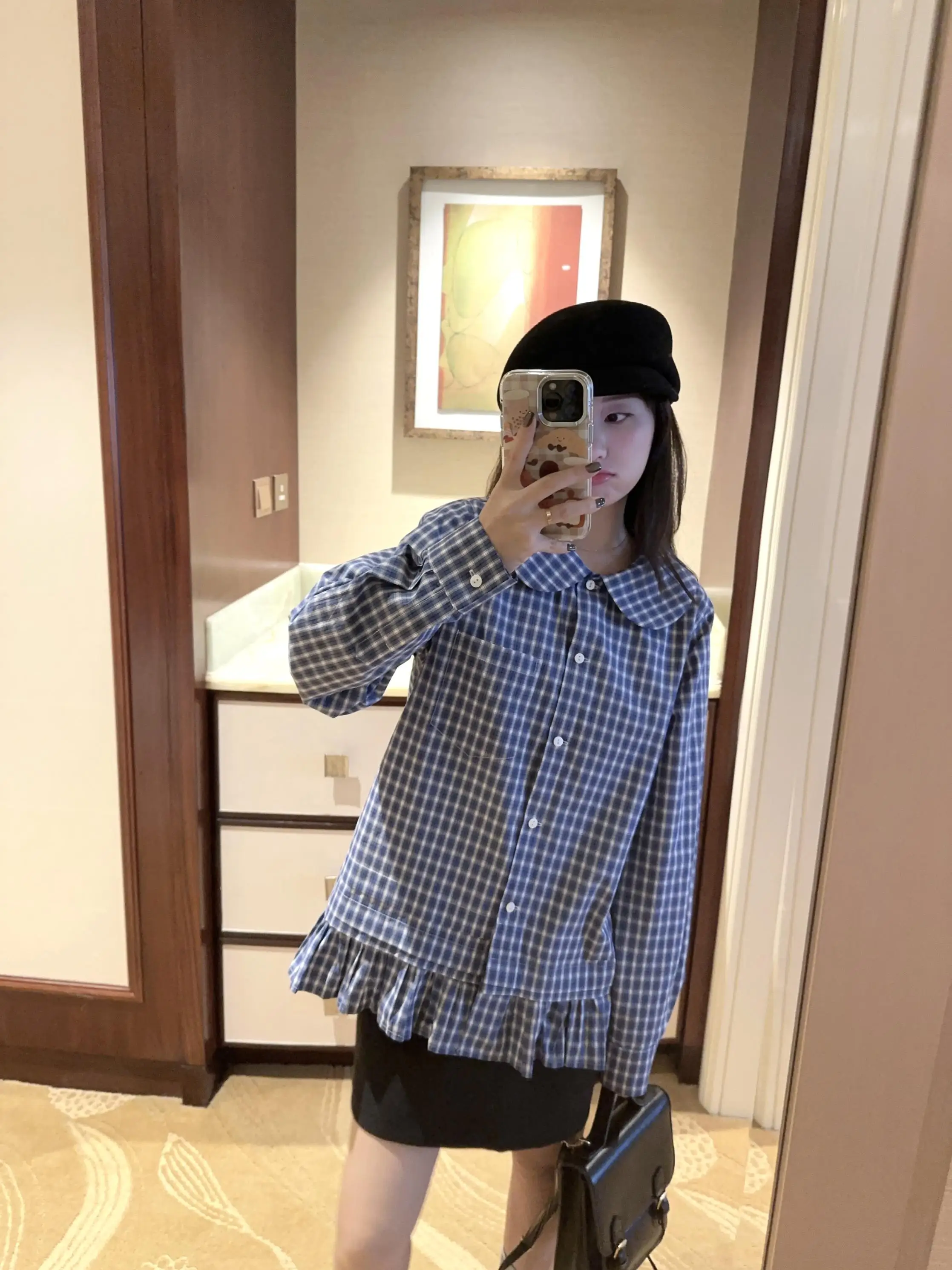 

Утепленная женская рубашка с воротником-стойкой и оборками, хлопковая, в клетку, с длинным рукавом, прямого кроя, топ-рубашка