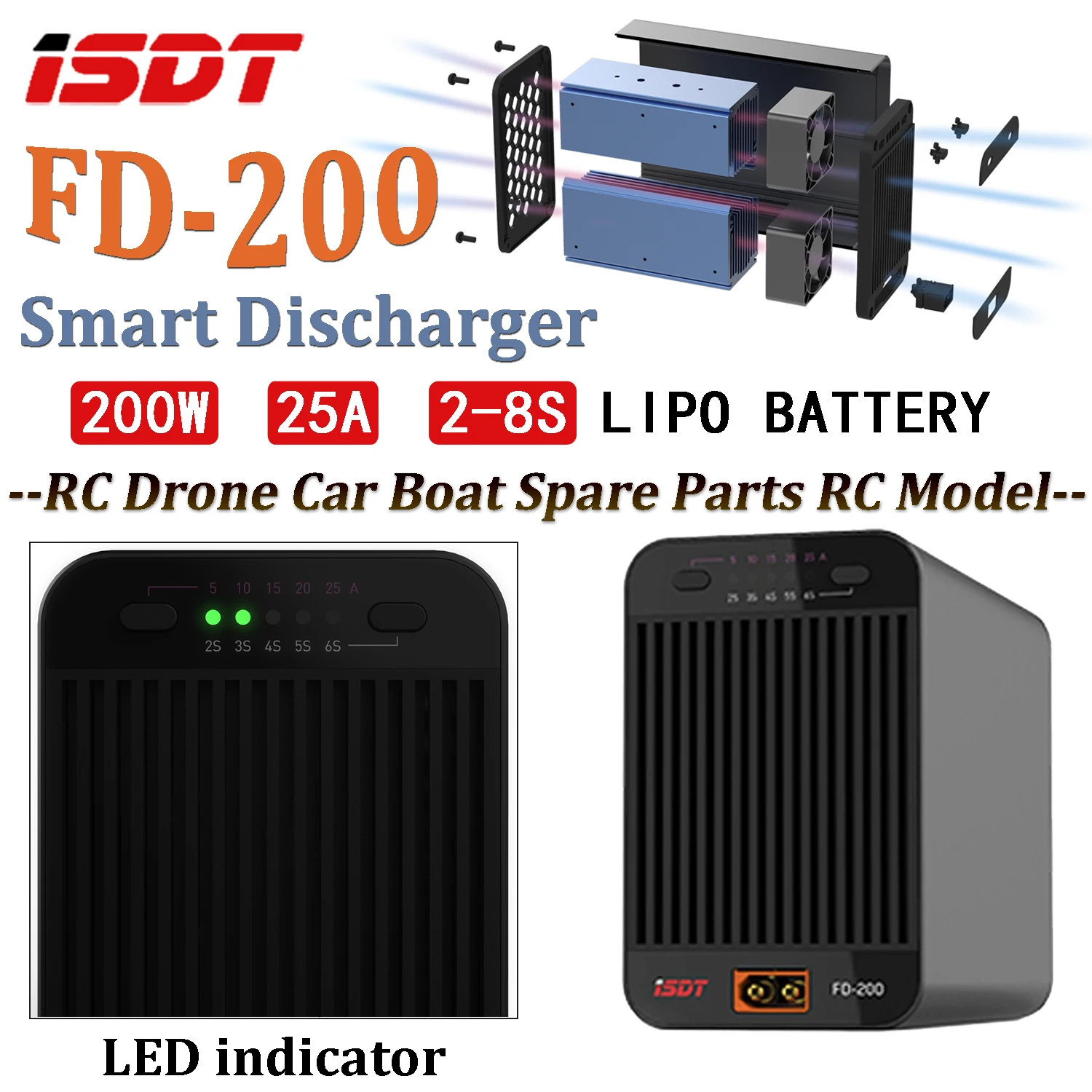 

ISDT FD-200 200W Smart Discharger Wireless APP Control Discharger LED Light for 2-8S Lipo RC Drone Car Boat Spare Parts RC Model