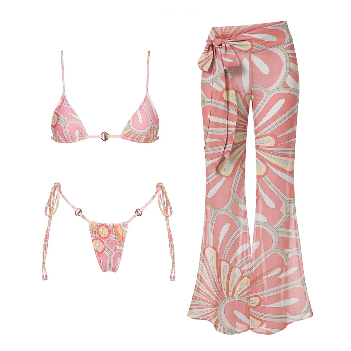 2026 New Retro Prints 3 Pieces Bikinis Sets With Mesh Pants Push Up Beachwear Sexy Women's Swimsuit Cover-ups Strappy Beach Wear