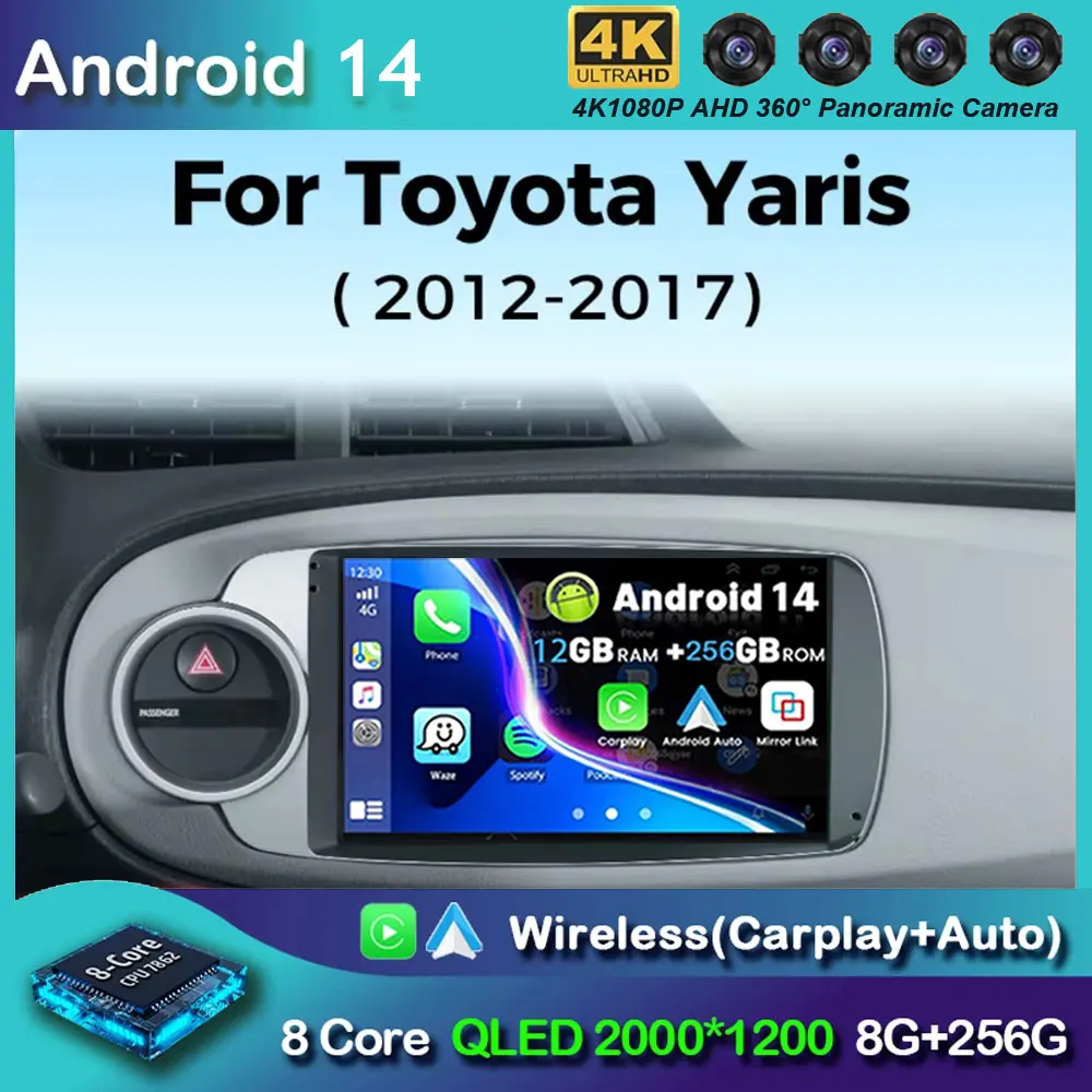 Car Radio Multimedia PlayerAndroid 14 For Toyota Yaris 2012 2013 2014 2015 2016 2017 Auto Wireless Carplay DSP 48EQ NO 2Din DVD