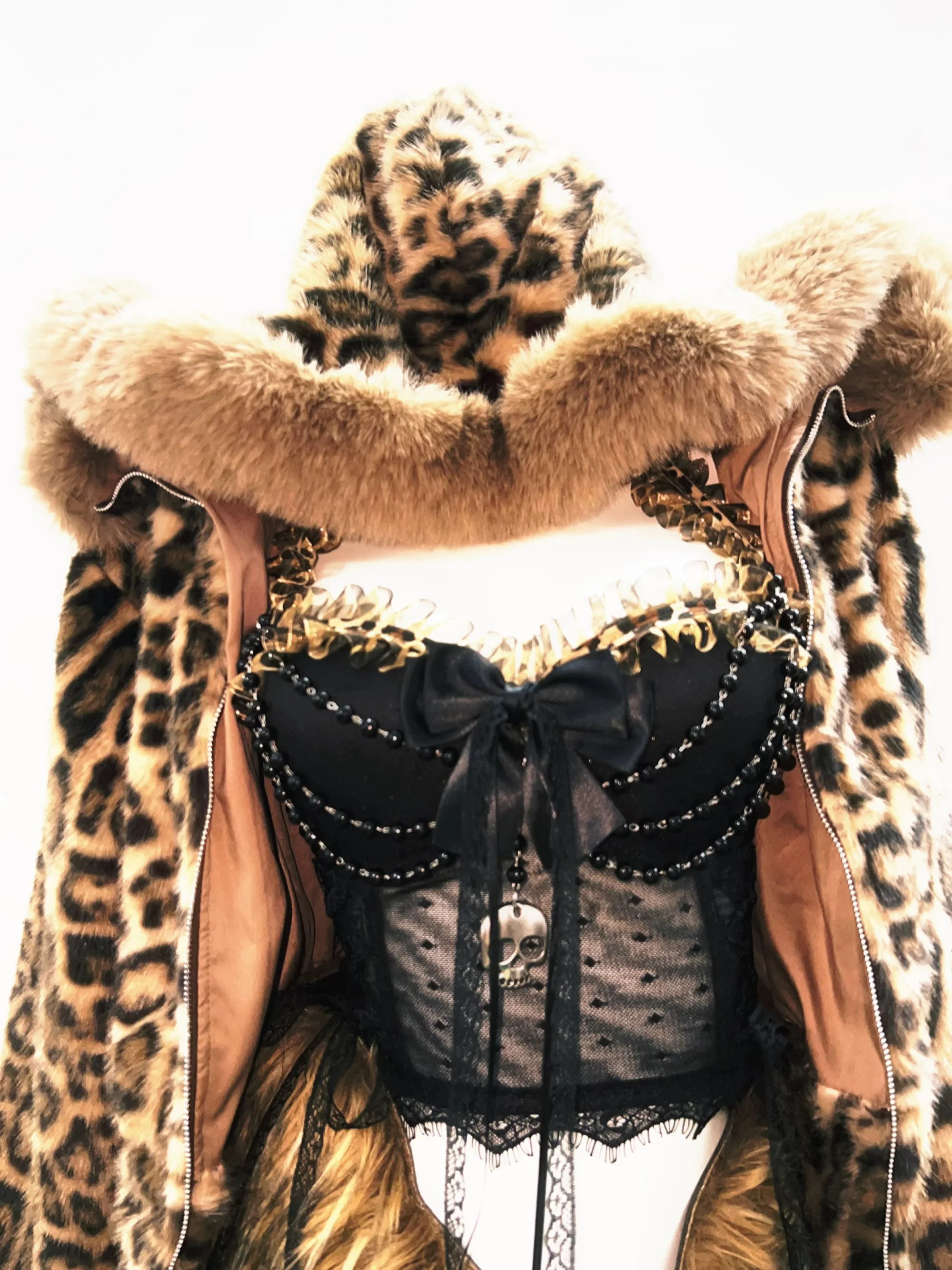 Y2K 多重ストラップ 可変ギミック ボンテージファーコート パンク アーカイブ y2k fashion Leopard coat Harajuku coat Gothic coat Punk coat