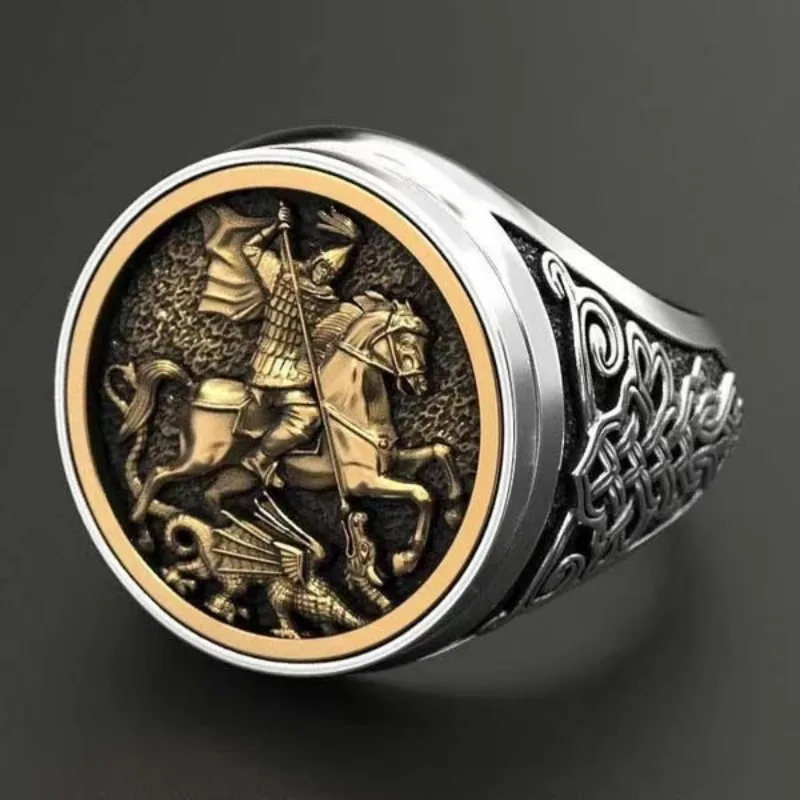 Vintage St George and The Dragon Rings for Men Stainless Steel Jewelry Soldier's Protector Courage Luck Ring on The Battlefield