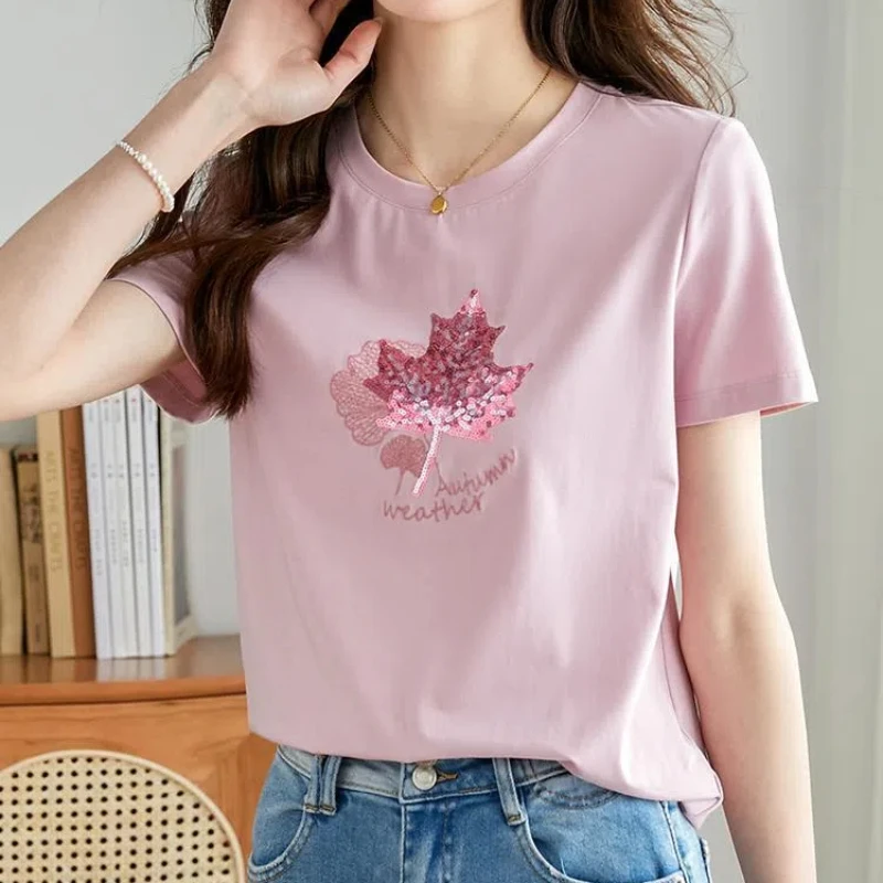 New Summer Women's Solid Colors O-Neck Short Sleeve Loose Plus Size Korean Pullovers Beaded Fashion Casual All-match Tops