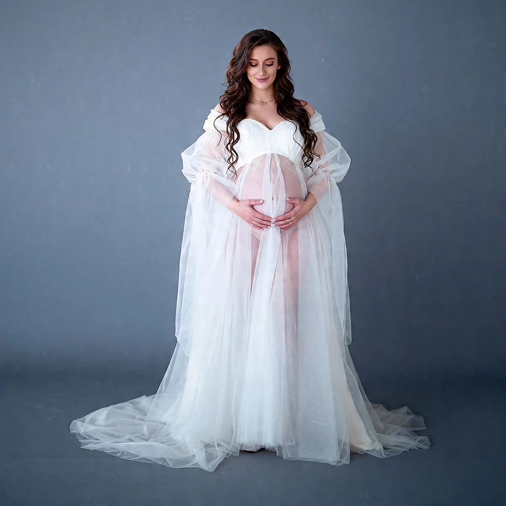 

White Sheer Maternity Photoshoot Dress Elegant Tulle Pregnancy Gown Boho Beach Photography Outfit Pregnancy Dress for Photoshoot