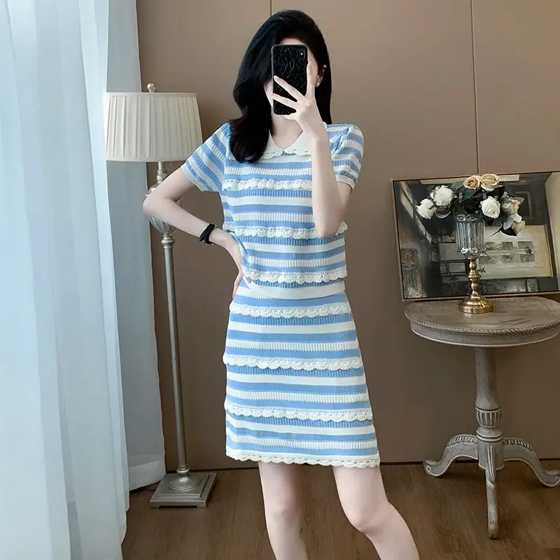 

Knitted Suit Skirt for Women Summer New Style Sweet Doll Collar Blue and White Striped Skirt Two-piece Set