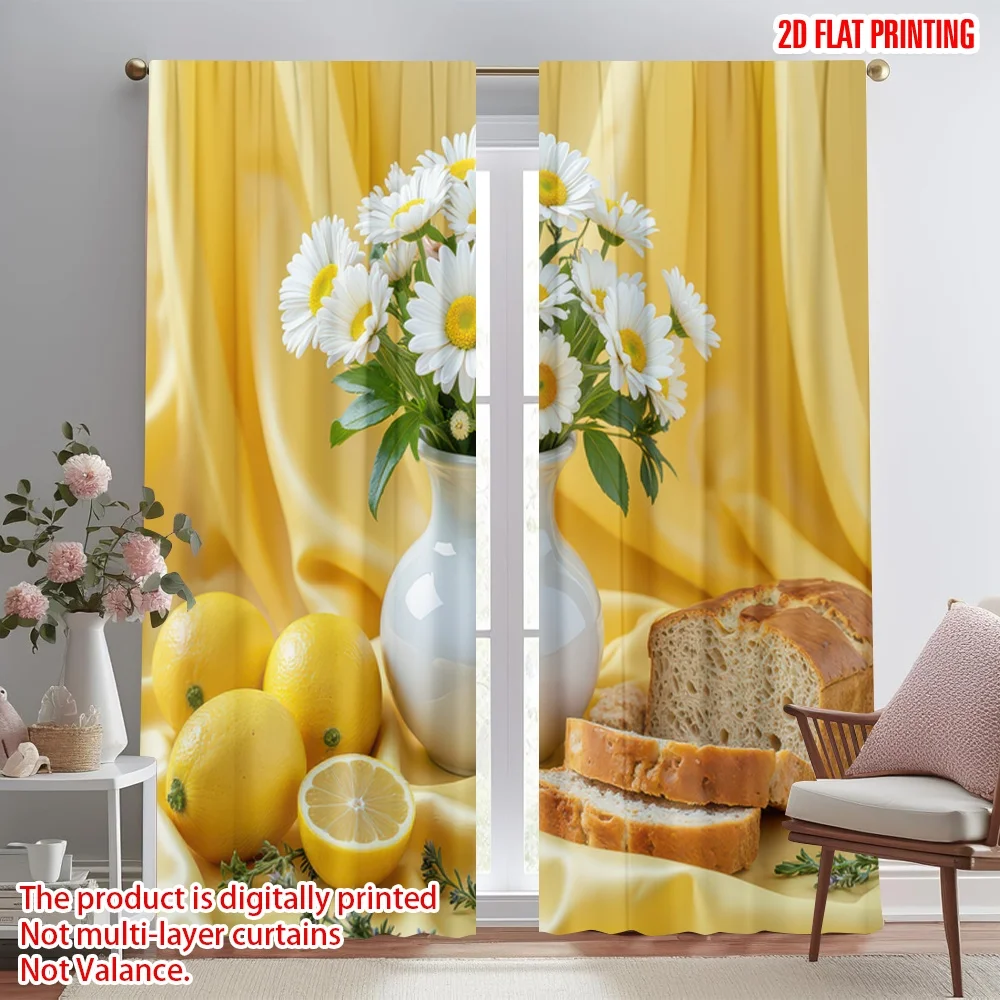 

2D flat printing 2pcs Window Curtains Daisies, Lemons, and Bread Digital Printed Polyester Drapes All Season Party & Holiday