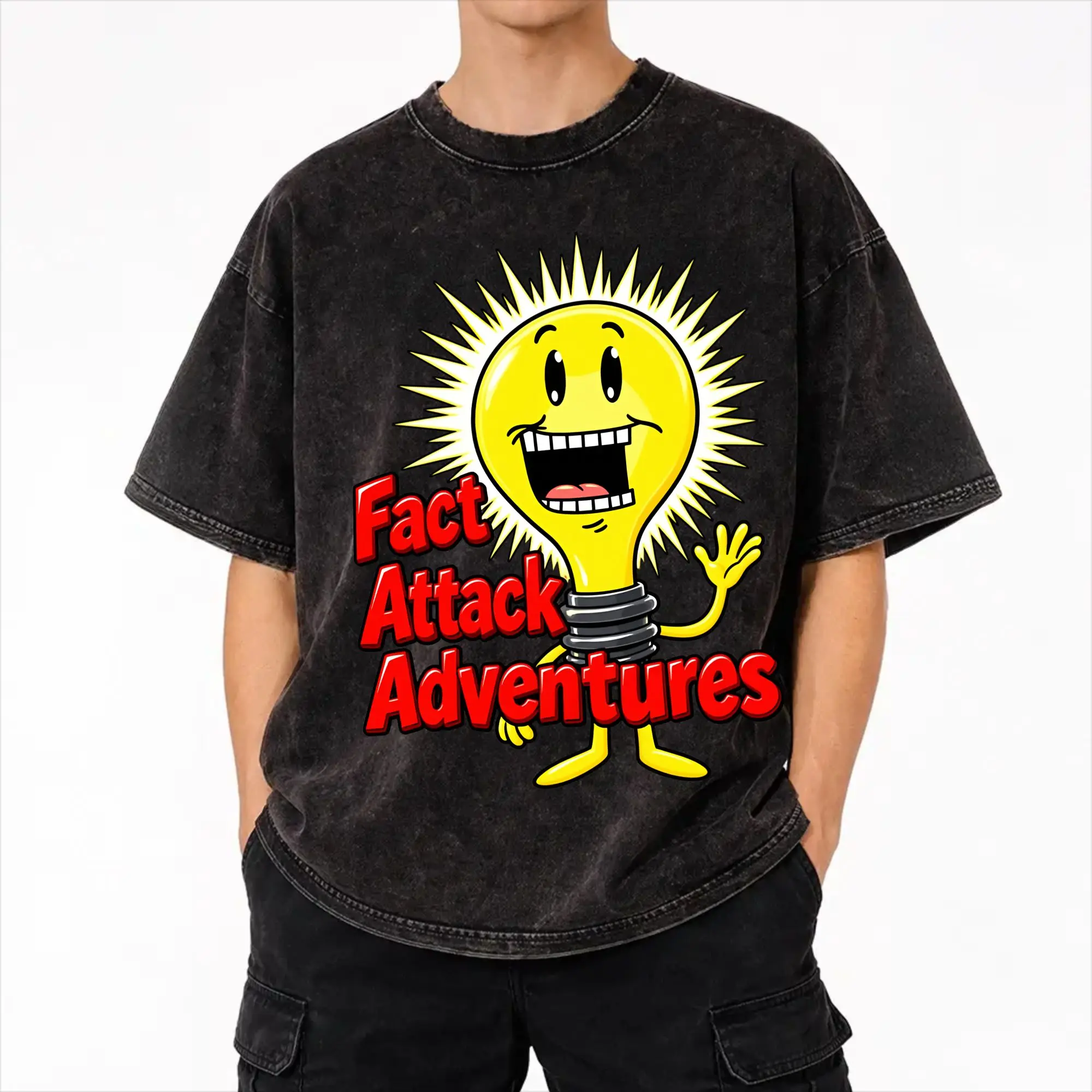 Harajuku Washed Shirts Fact Attack Adventures Lighty Outfit Vintage T-Shirts Oversize  Streetwear Short Sleeve Printed Tee Shirt