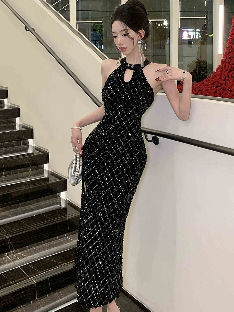 Autumn Winter Black Velvet Chic Sequins Plaid Long Dress Women Fashion Neck-mounted Sexy Club Dress 2025 Luxury Evening Dresses