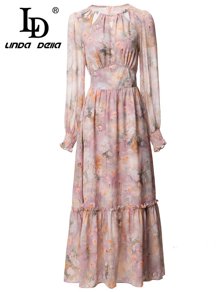 

LD LINDA DELLA Fashion Designer Spring Dress Women Beading Lantern Sleeve Flower print Vacation Vintage Long Dress