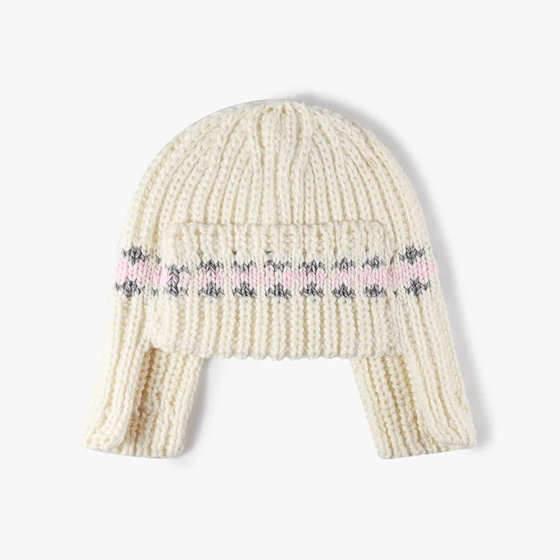 Japanische gestreifte Strickmütze mit Kontrastfarben zum Schutz der Ohren für Herren und Damen, warme Outdoor-Bombermütze für Herbst und Winter – Detail 3