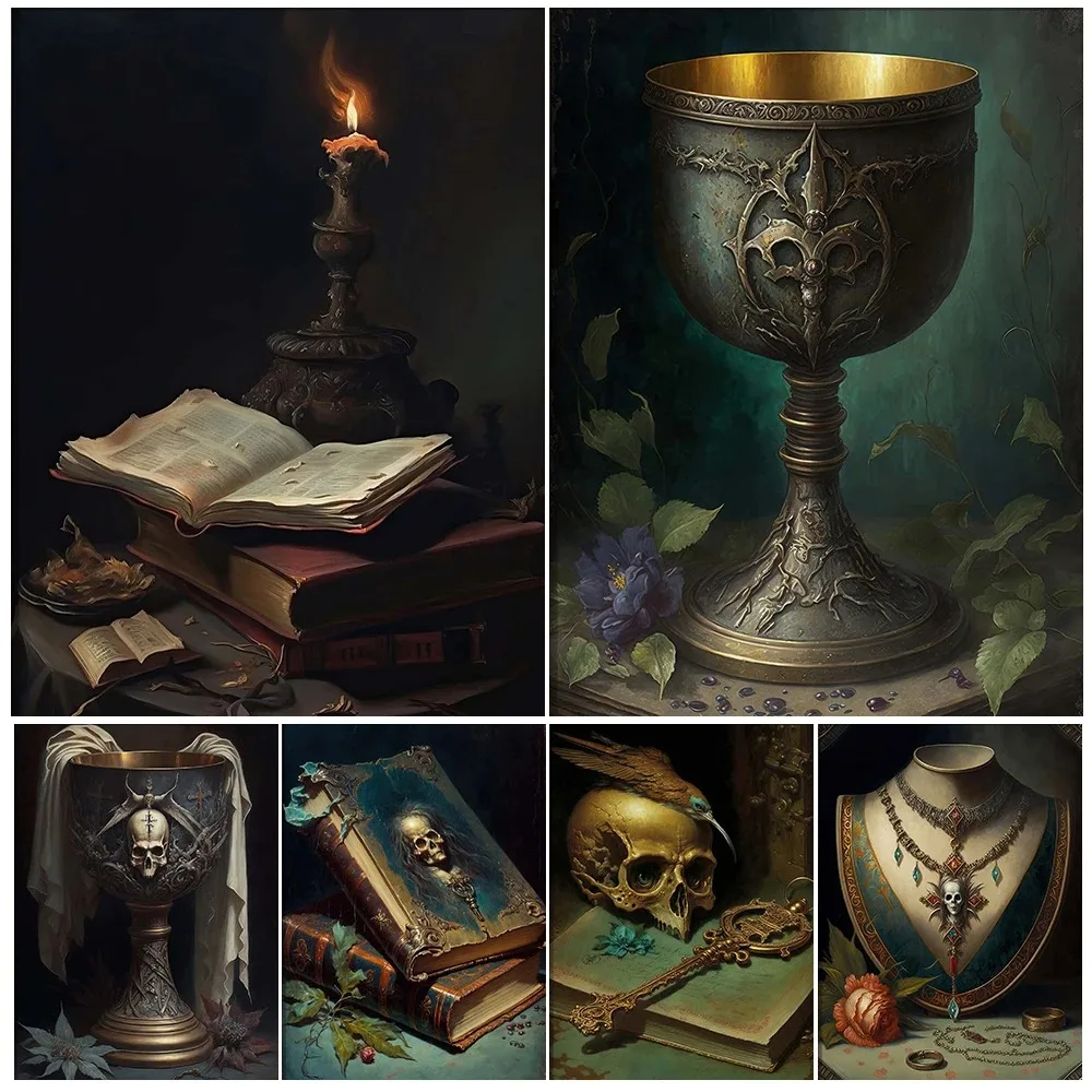 Witchcraft Book Candle Chalice Goth Vintage Wall Art Canvas Painting Dark Academia Magic Element Art Decoration