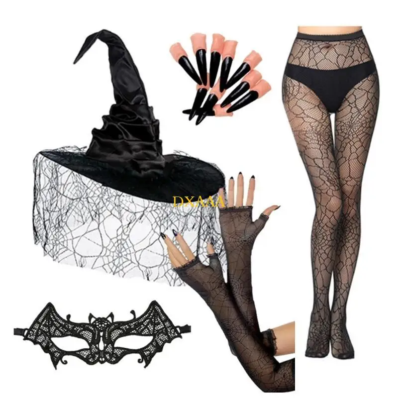 DXAA – ensemble d'accessoires Costume sorcière d'halloween, voile d'araignée noire, chapeau, gants, masque, tenue pour