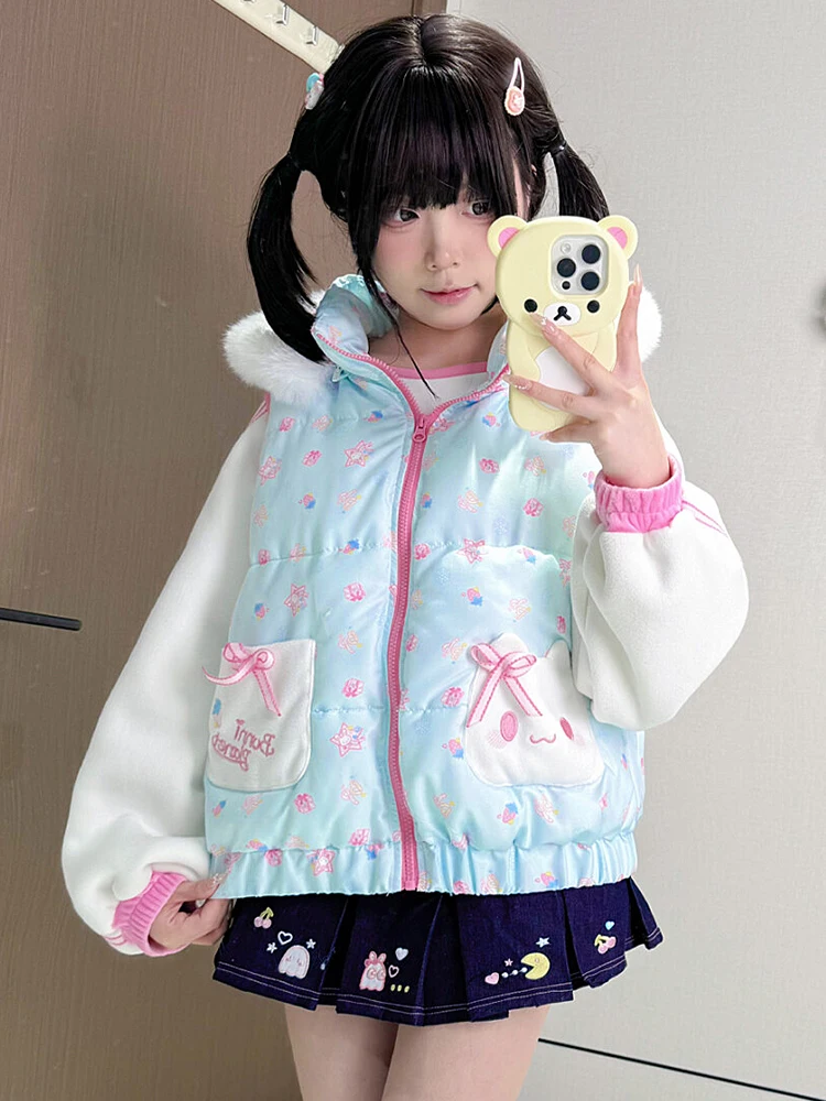Original Japanese Soft Girls Kawaii Rabbit Ears Parkas Daughters Winter Cute Printed Bow Warm Thickened Hooded Jacket Coats