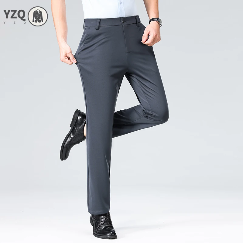 Soft Textured Male Formal Long Pants Anti Crease Stretch Fabric Logo Waist Belt Loop Office Banquet All Match Bottoms
