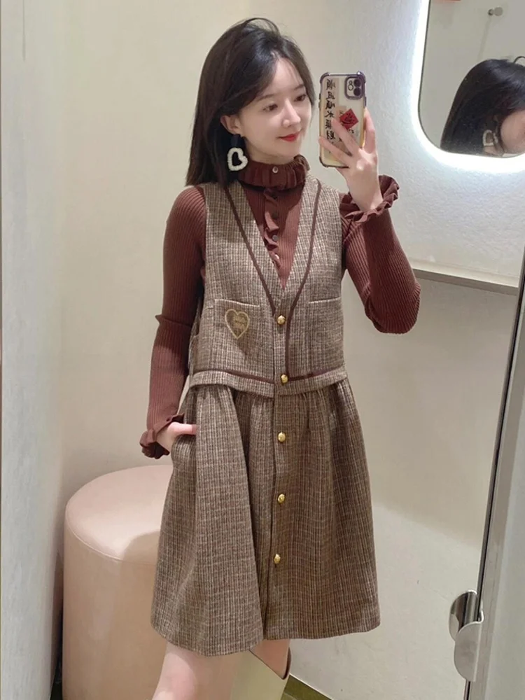 

Retro Agel College Sle Casual Versatile Plaid V-Ne Svel Vest Dr Autumn New Arrival Ladies High Waist Soft Fab...