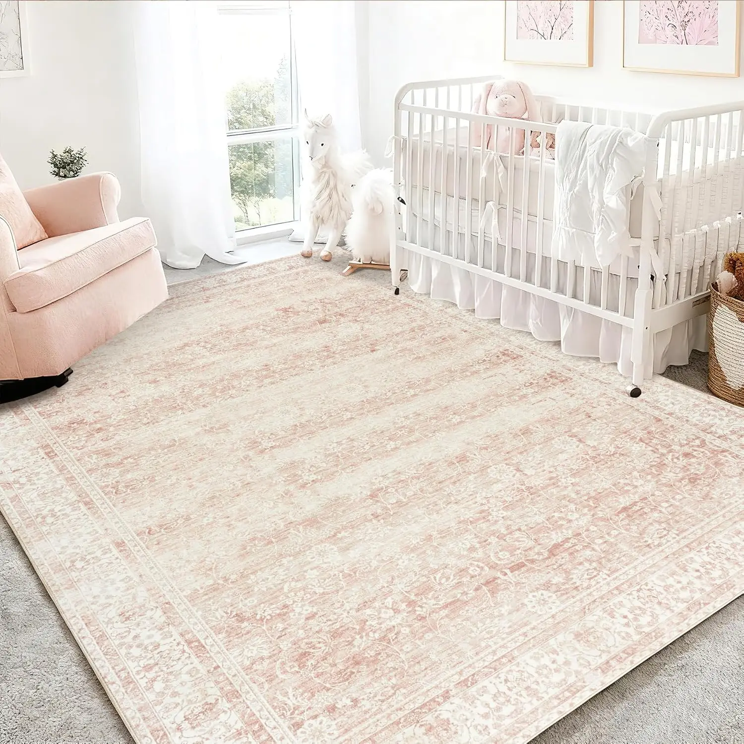 

Soft Pink Floral Nursery Rug, 5x7 Foldable Machine Washable Low Pile Carpet for Living Room Bedroom Kids Playroom