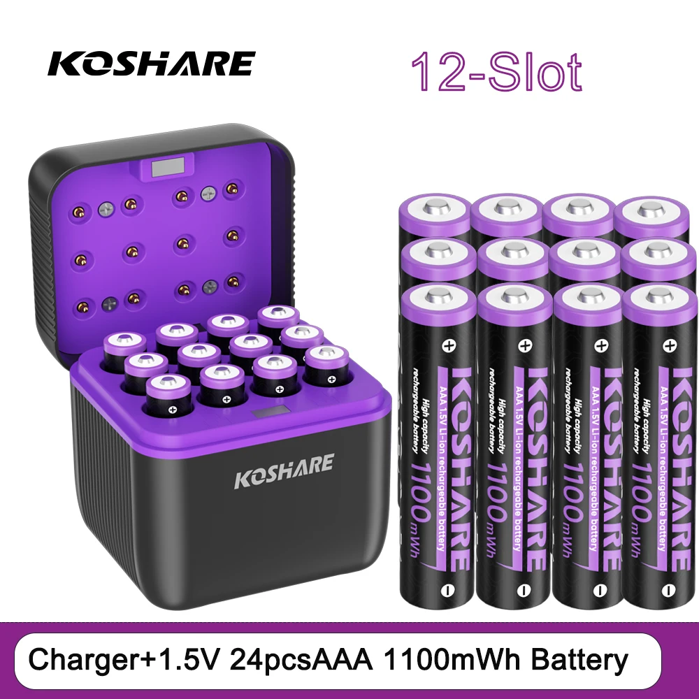 

KOSHARE Rechargeable Batteries AA 4255 mWh AAA 1100 mWh Li-ion Battery Charger Set 12-Slot LED Display Smart Fast Charging Case