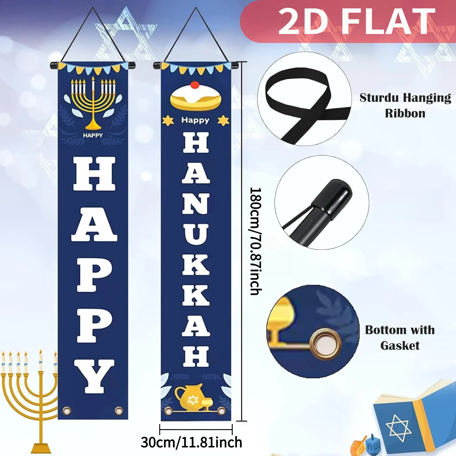 1pair Happy Hanukkah Party banner 1x6FT, Durable Polyester, Outdoor Blue Welcome Sign, Hanukkah & Chanukah Decor, Hanukkah Decor