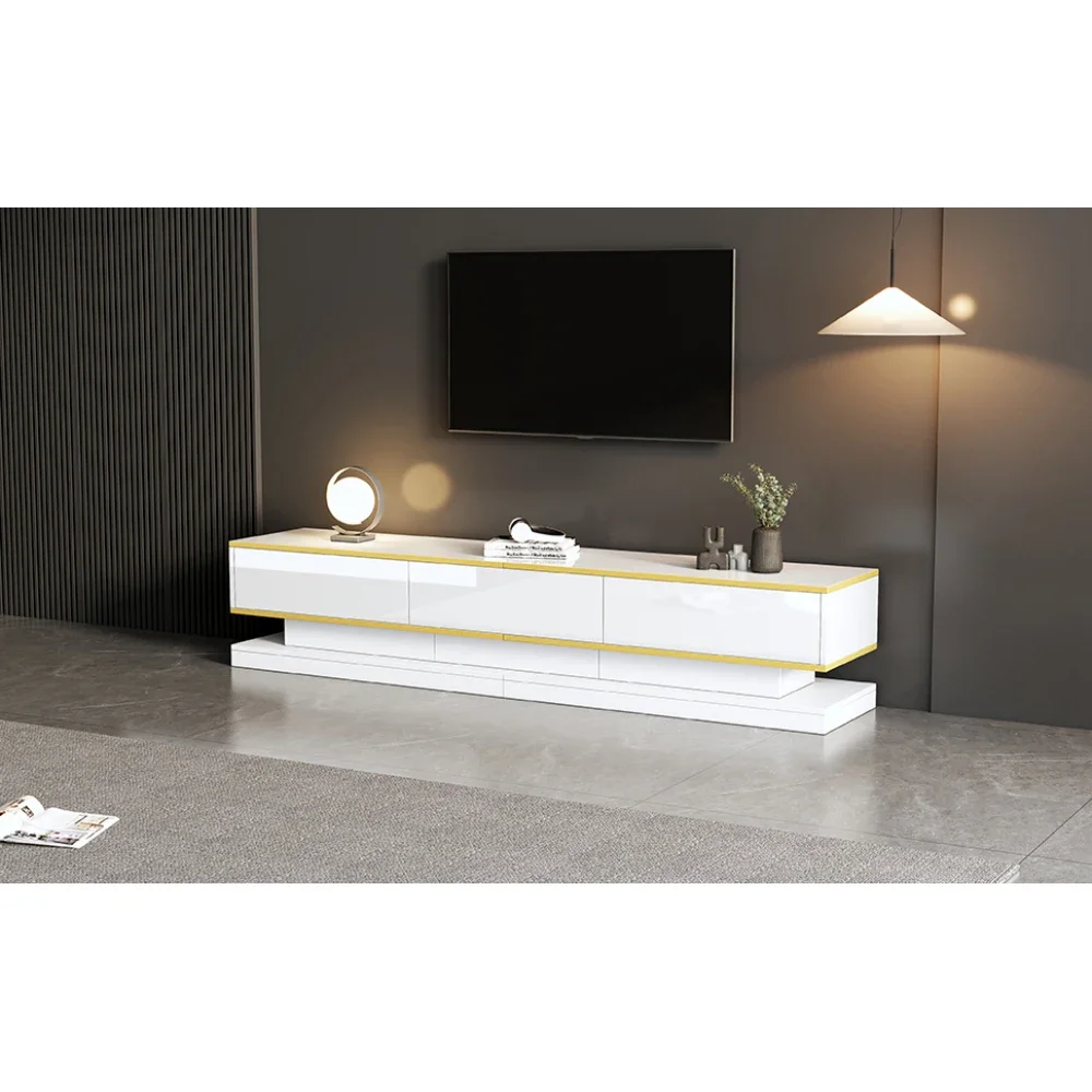 Moderner TV-Ständer mit 3 Schubladen, warmweißes Lowboard, goldener Rand, Wohnzimmer-Aufbewahrungsschrank – Detail 24