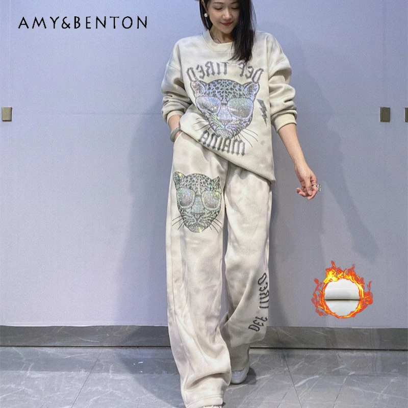 

Winter Sports Casual Fleece Lined Thick Tie-Dye Sweatshirt And Pants 2-Piece Set Heavy Embroidery O-Neck Long Sleeves Suit Women