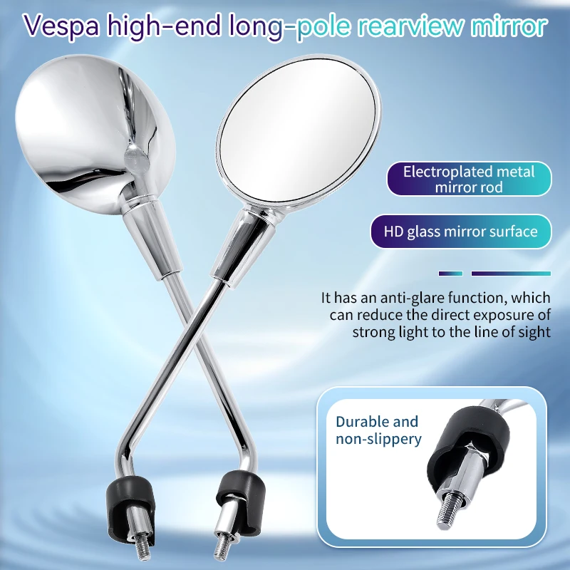Подходит для Vespa 150 300, регулируемое алюминиевое зеркало заднего вида, аксессуары для мотоциклов, гальванические круглые боковые зеркала с длинными отверстиями