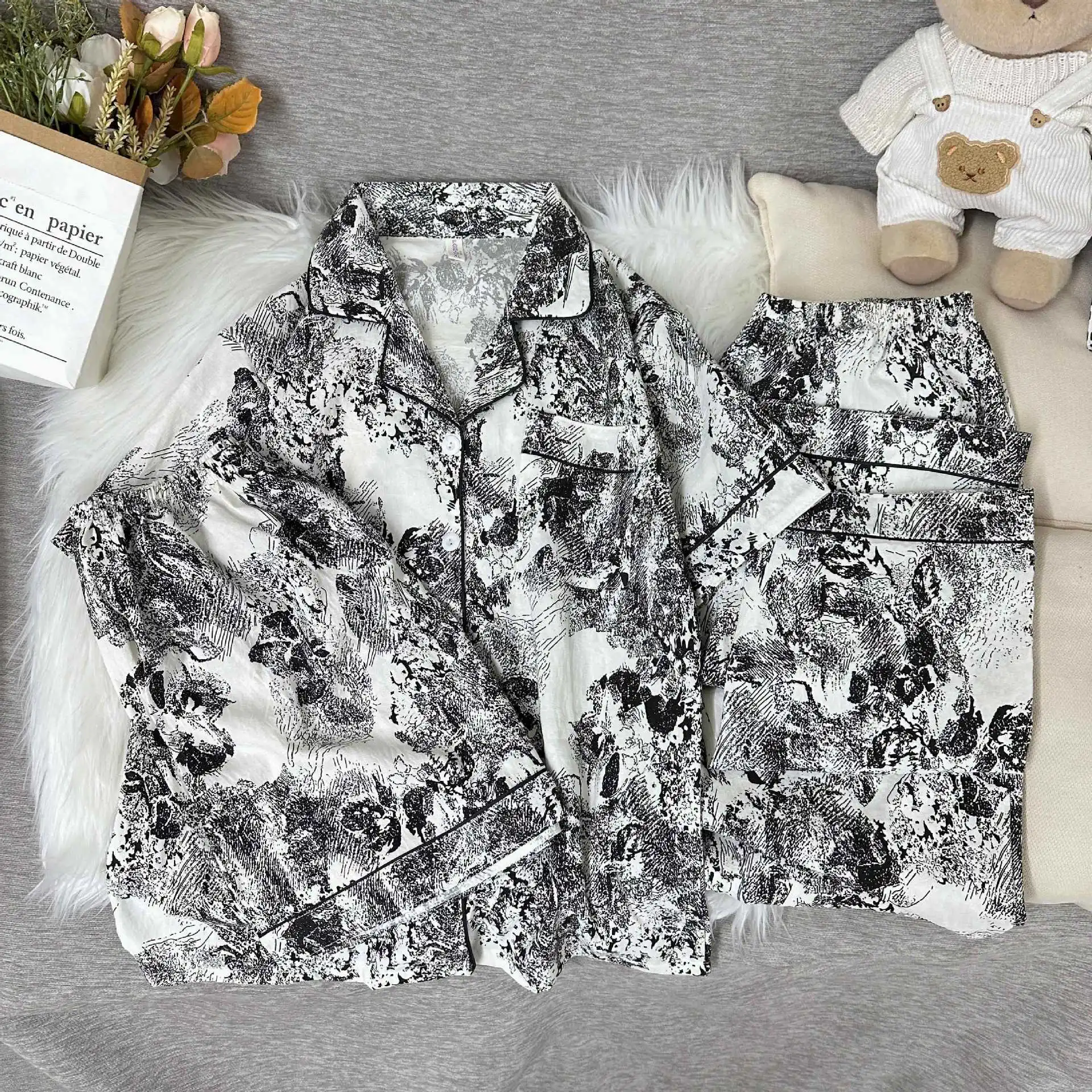 2025-summer-cloud-cotton-pajamas-set-3pcs-chinese-painting-robe-loungewear-lightweight-breathable-women-home-outwear