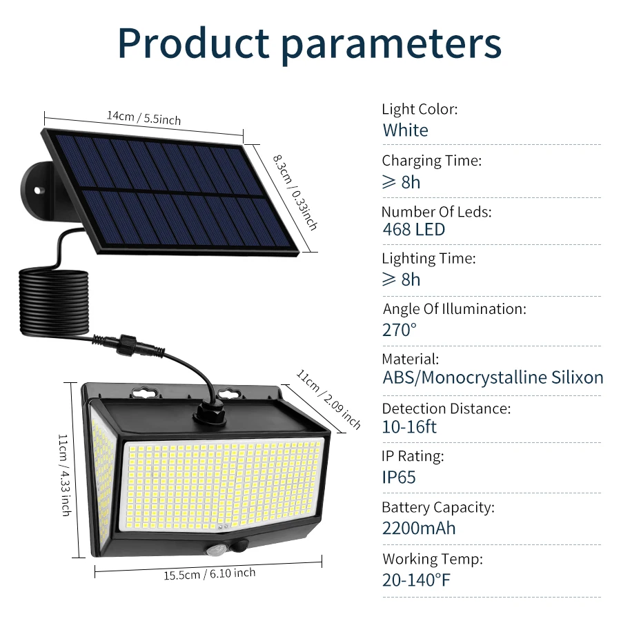 Imagem -06 - Impermeável Solar Outdoor Led Light Lamp Sensor de Movimento Luzes do Jardim Focos Poderosos Bateria Exterior Holofotes