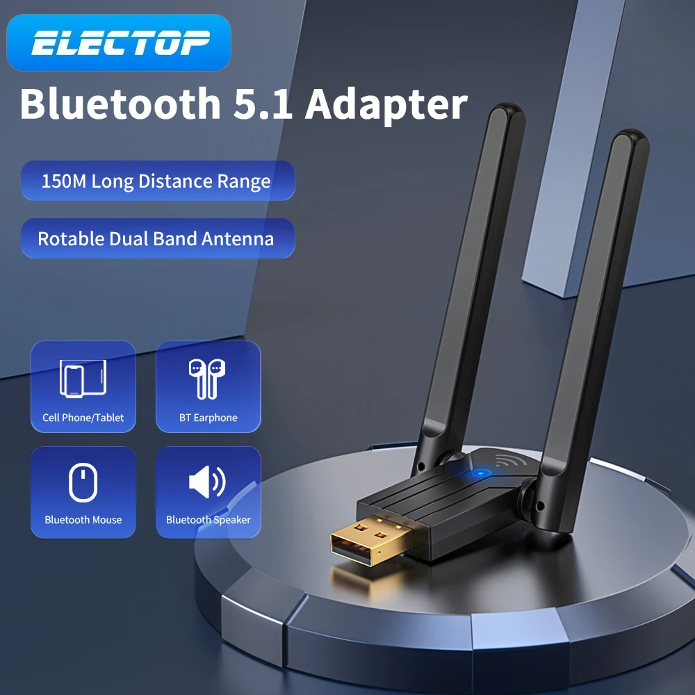 

ELECTOP 150M Bluetooth Adapter USB Bluetooth 5.1 Transmitter Dongle Free Driver Dual Band Audio Receiver For Win 10/11 Adaptador