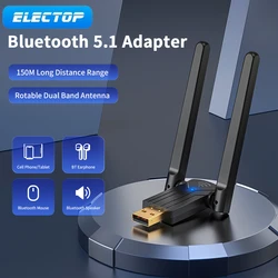 ELECTOP 150M Bluetooth Adapter USB Bluetooth 5.1 Transmitter Dongle Free Driver Dual Band Audio Receiver For Win 10/11 Adaptador