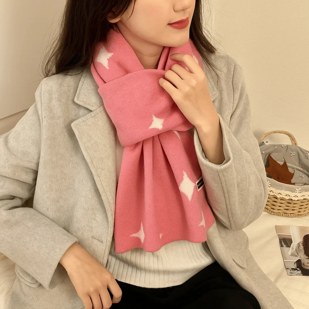 

Корейский стиль, шейный платок со звездным узором, мягкий двусторонний женский зимний шарф, ветрозащитная утолщенная кашемировая вязаная шаль