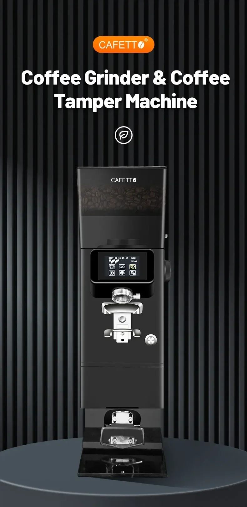 Flat Burr Coffee Grinder com Tamper, Digital Touch Screen Control, Moagem Tamanho Ajustável, 90mm