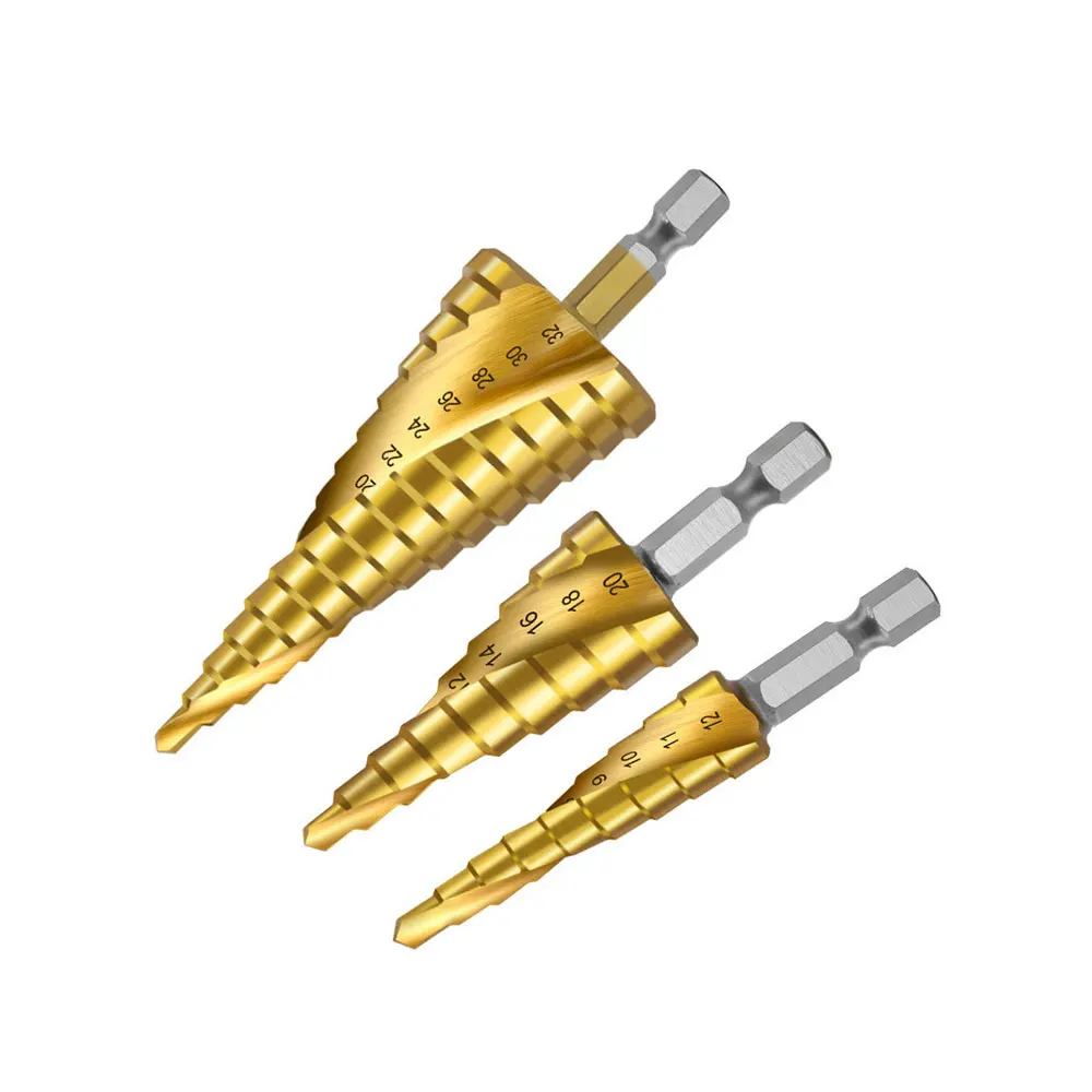 Binoax HSS Titanium Coated Step Drill Bit Set Metal Wood Hole Cutter Cone Drilling Tool 4-32mm 4-20mm 4-12mm