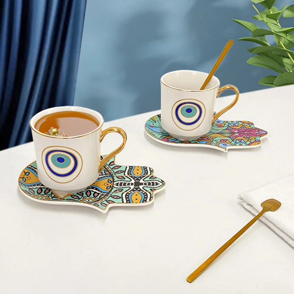 Türkiye coffee cup saucer set, Nordic creative home ceramic Teacup with saucer, Hand drawn gold-plated ceramic cup Gift cup set