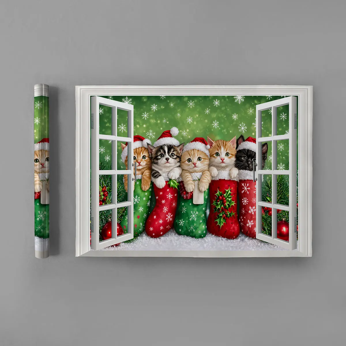 1pc simulated window wall sticker with Christmas cat hanging window sock pattern decoration waterproof and concealing flaws