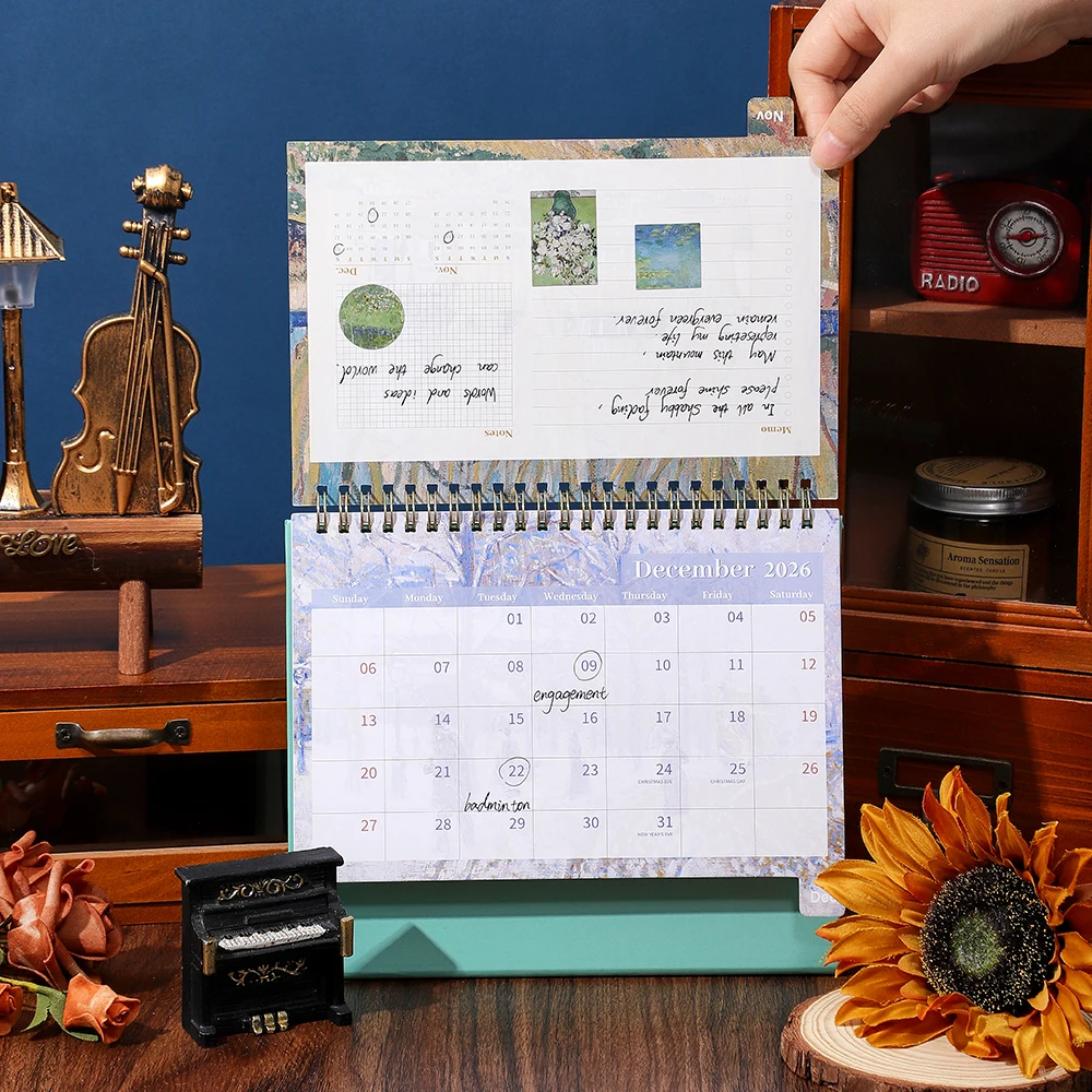 2026 Vintage Desk Calendar Painting Design With Monthly Sticker Index Daily/Weekly/Monthly Planner For Home Office School