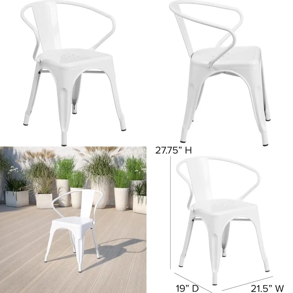 

White Metal Indoor-Outdoor Chair with Arms, Commercial Grade, Suitable for Both Home and Business Use