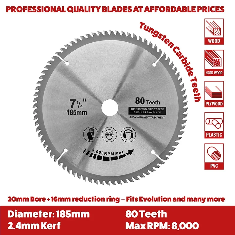 1 Uds hoja de sierra Circular disco de corte de madera de carburo hoja de sierra TCT 185mm x80T x20mm cortador con punta herramientas de corte de carpintería disco