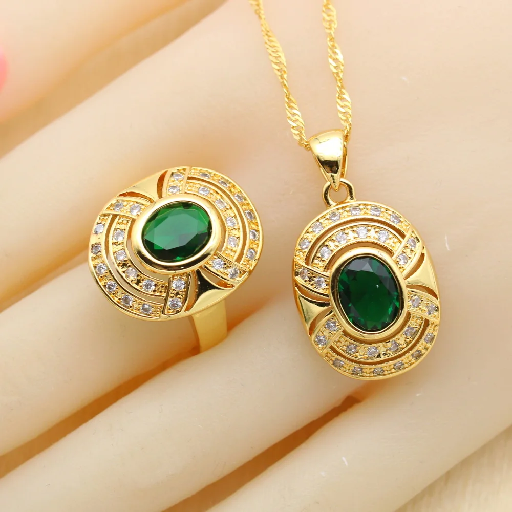 WPAITKYS Green Created Emerald White CZ Gold Color Jewelry Sets For Women Drop Earrings Necklace Pendant Rings Free Gift Box