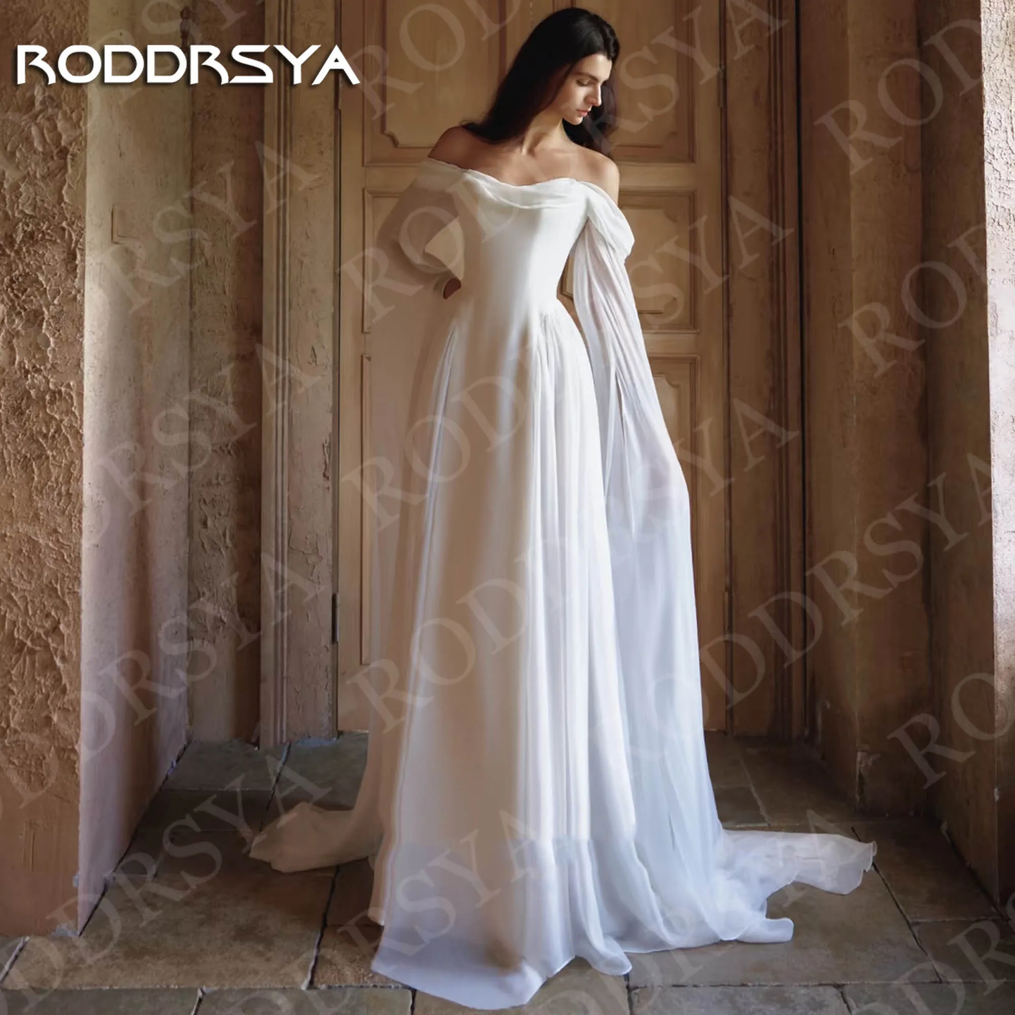 

RODDRSYA Off the Shoulder Ivory Wedding Dresses with Sleeves Woman Boho Chiffon A Line Bridal Dress Customized свадебное платье