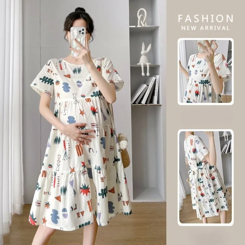 

Maternity Summer Short-Sleeved Dresses Pregnancy Tide Mom Personality Long Dress Summer Loose Mid-Length Maternity Dress Dresses