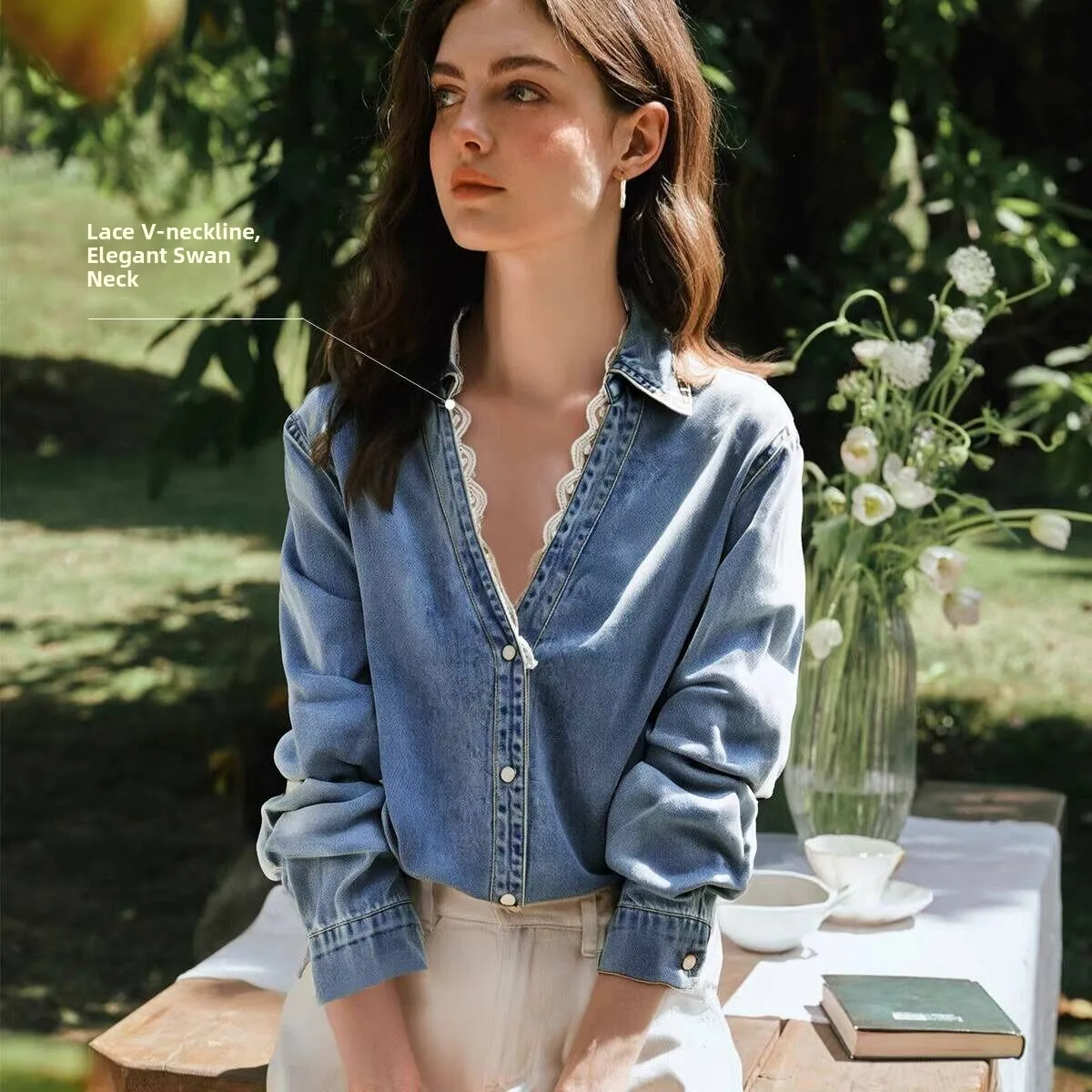 

Винтажная женская джинсовая рубашка East Gate с воротником-стойкой, модная, с V-образным вырезом, кружевными вставками и цветочным узором, топ с длинными рукавами из смесового хлопка