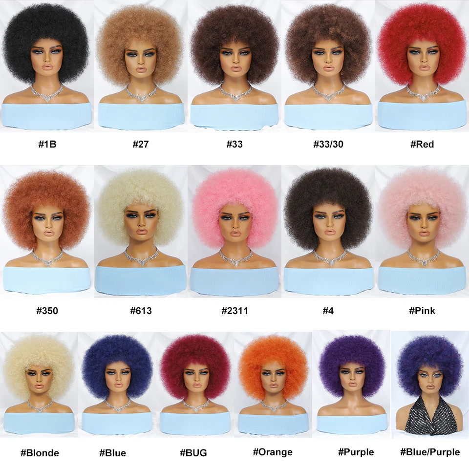 Wig keriting sintetis 10 inci Afro Kinky dengan poni Wig rambut halus pendek untuk wanita hitam Ombre Cosplay coklat alami hitam merah muda