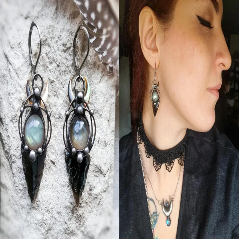 Black Arrow Labrador Pearl Earrings, Witch Earrings, Labrador Pendant Earrings Wicca Pagan Witch Craft Jewelry Gifts