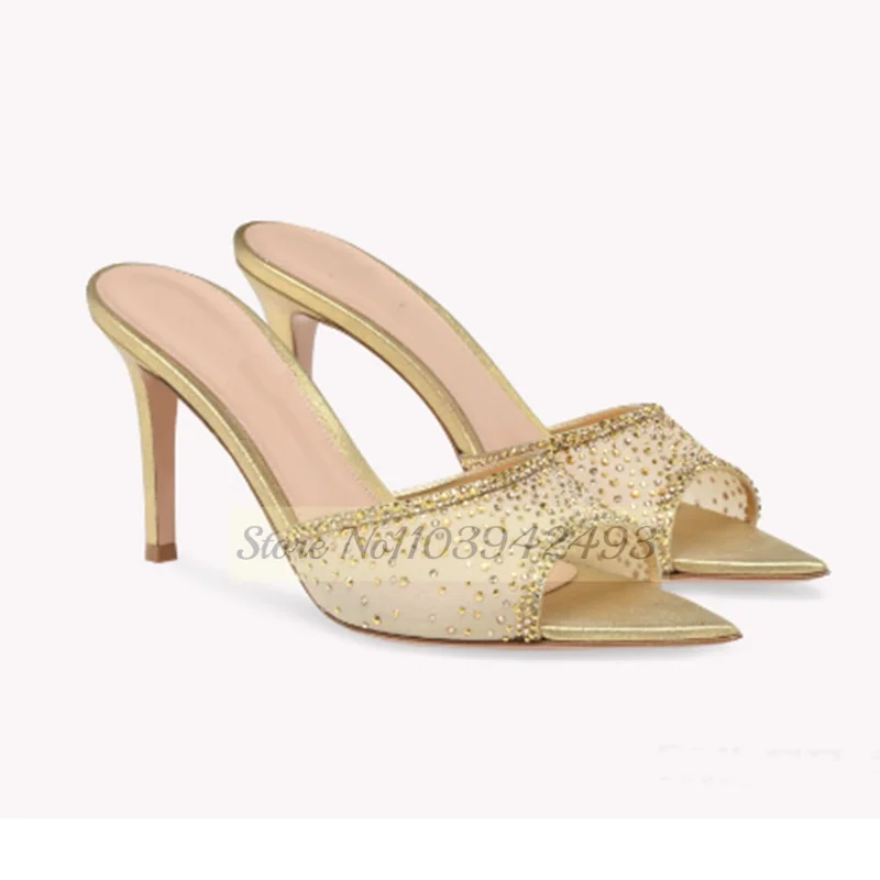 

Тапочки со стразами и воздушной сеткой, золотистые каблуки, хрустальные тапочки с острым носком, неглубокие туфли без шнуровки, однотонные зеленые, коричневые, черные туфли-мулы
