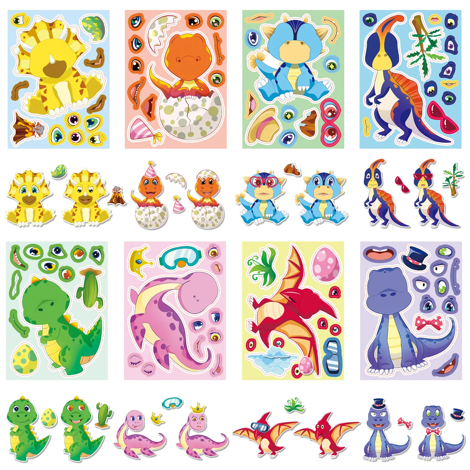 8/16/24 PCS Cute Cartoon Dinosaur Stickers Make a Face DIY Waterproof Stationery Phone Decals for Party Favor Gift