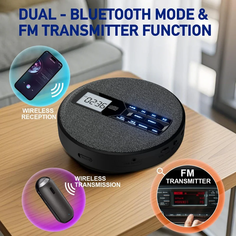 Reproductor de CD portátil, reproductor de CD recargable con altavoces duales y antisaliva, CD, Bluetooth dual, transmisión FM, USB, AUX-VVNB