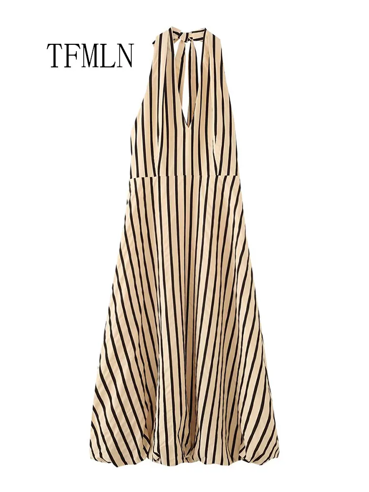 Elegant Women Fashion Striped Halter Neck Maxi Dress Sexy Deep V-neck Lace Up Causal Long Dress 2026 Lady New Vacation Vestidos