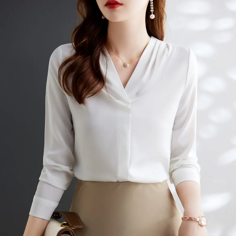 Gray V Neck Shirt Women Formal Autumn New Temperament High End OL Chiffon Long Sleeve Blouses Office Ladies Work Tops White